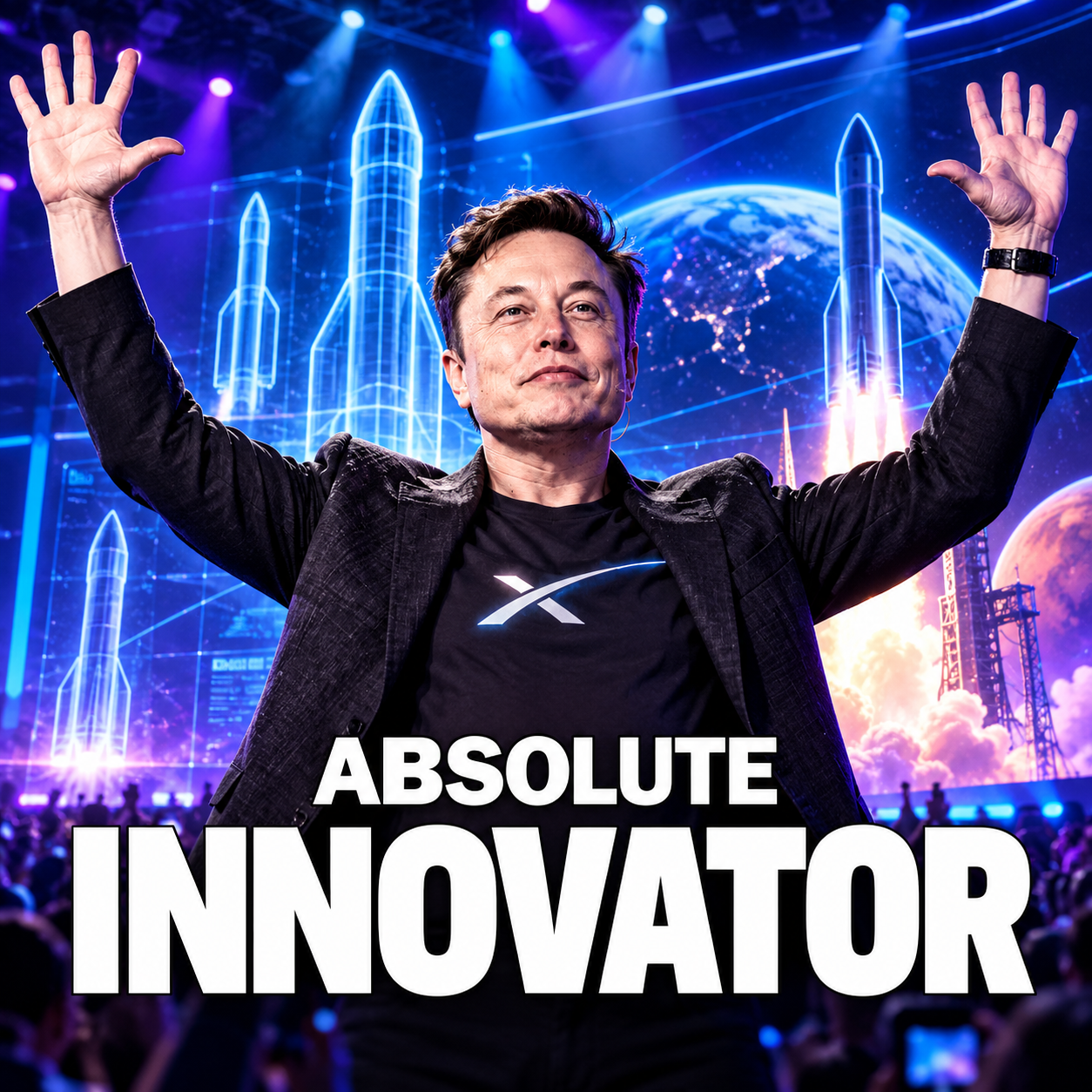Absolute Elon at a blue futuristic launch event